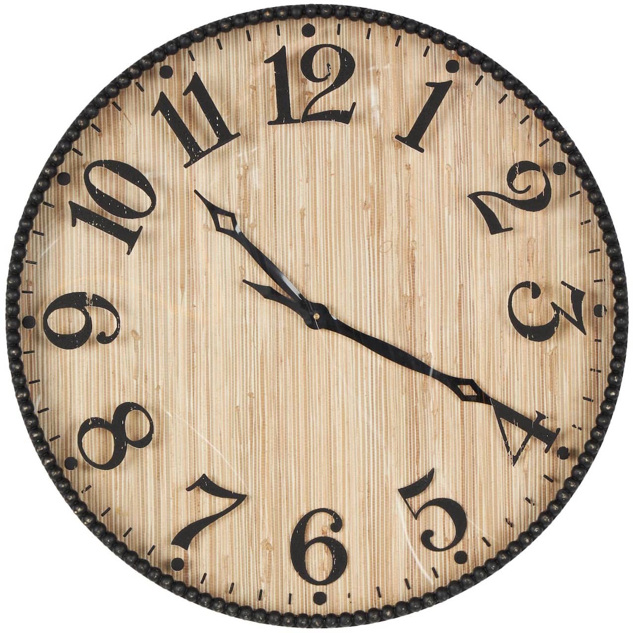 24" Light Brown Distressed Wall Clock with Black Beaded Frame